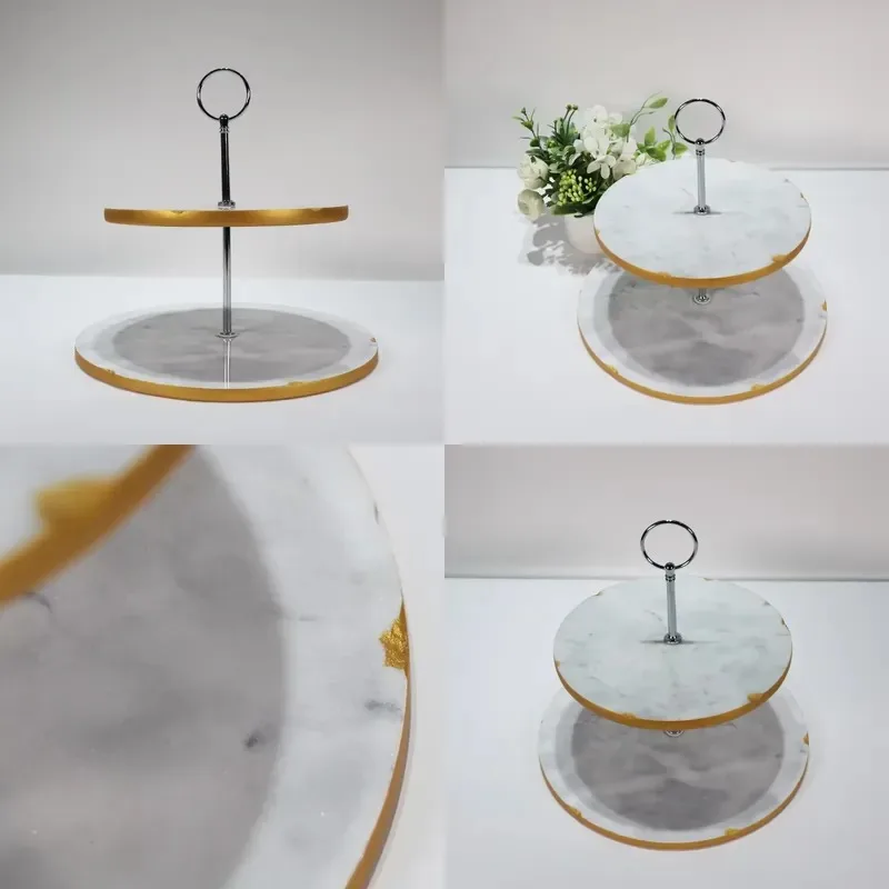 Modern Art Deco Luxury White Round Two Tier Cake Stand Natural Stone Marble Base Gold Finish for Wedding Party Dessert