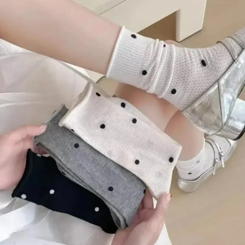 Dot Socks for Women Spring Summer Thin Female Dots Print Cotton Socks for Girls Gift Cute Kawaii Black White Ruffle Sox Fashion