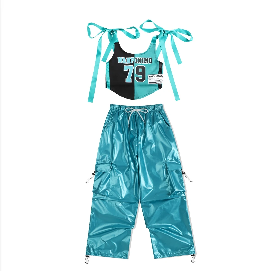 New Fashion Jazz Modern Dance Performance Stage Costumes For Girls Blue Vest Loose Pants Suit Boys Hip Hop Rave Clothes DQS16119