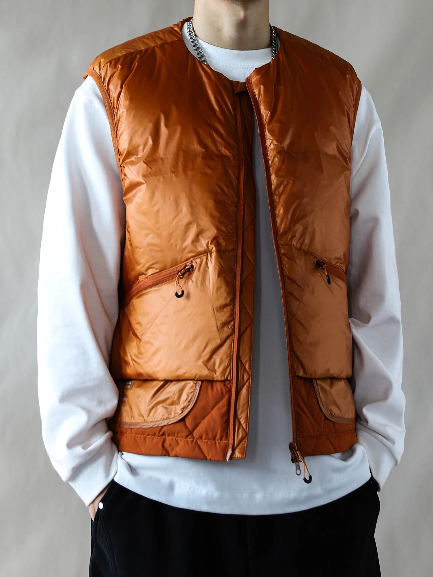 

Trendy Workwear ket down Vest Men's Winter Warm White Du down Stand Collar Zipper Vest No Sve Thi Orange