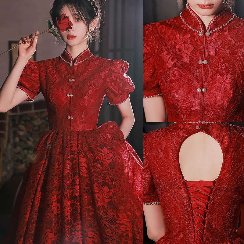 

Chinese Style Lace Burgundy Qipao Toast Clothing Retro Mandarin Collar Bride Wedding Dress Sexy Backless Formal Party Dress