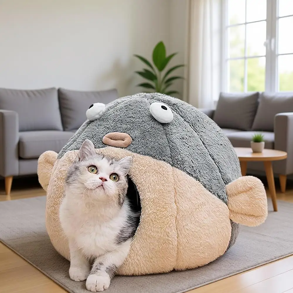 

19,7-дюймовая большая лежанка-пещера для кошек в форме милого животного, очень мягкая успокаивающая палатка для кошек и щенков, для маленьких собак, теплая плюшевая, машинная стирка