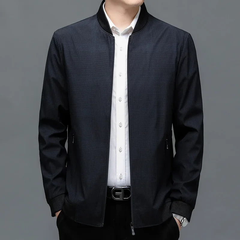 Business Casual Jacket Men  Spring and Autumn Plaid Stand Collar Men Jacket Casual Regular Fit Coat Men Clothes