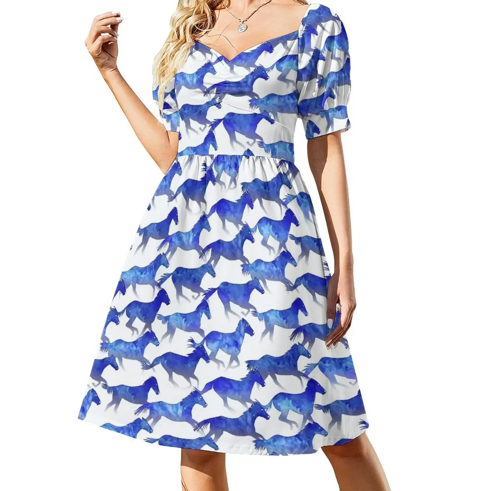 Watercolor - Running Horses Pattern - Deep Blue Sleeveless Dress beach dress bandage dress