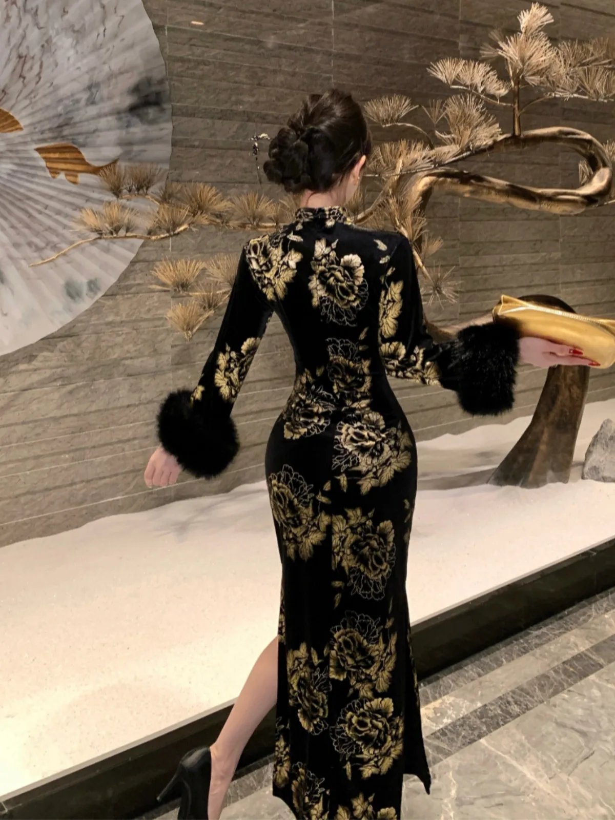 جديد الصينية Sle التخسيس تشيباو الدكتور الذهب الطباعة المرأة Faion الخريف الشتاء تنوعا عالية طوق طويل Sve ميدي الدكتور