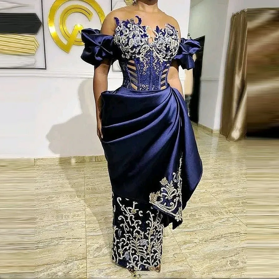 Vestidos de Noche de sirena Aso Ebi para mujer africana, apliques de hombros descubiertos, Cuentas Principales, lentejuelas, satén, talla grande, vestido de Graduación