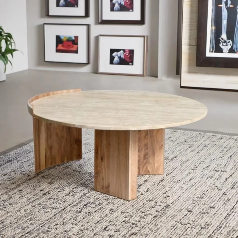 * Modern European expandable side table travertine wooden coffee table marble desktop home