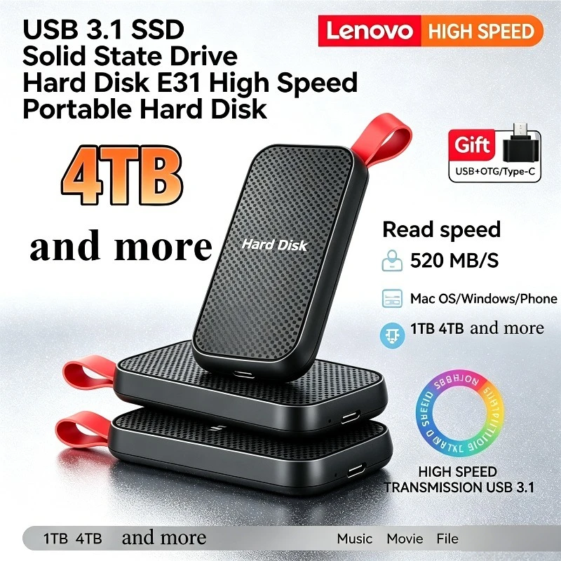 

Внешний SSD-накопитель Lenovo E31 1 ТБ/4 ТБ USB 3.1: высокоскоростное портативное хранилище для ноутбуков, PS5, телефонов и игровых систем (резервное копирование)