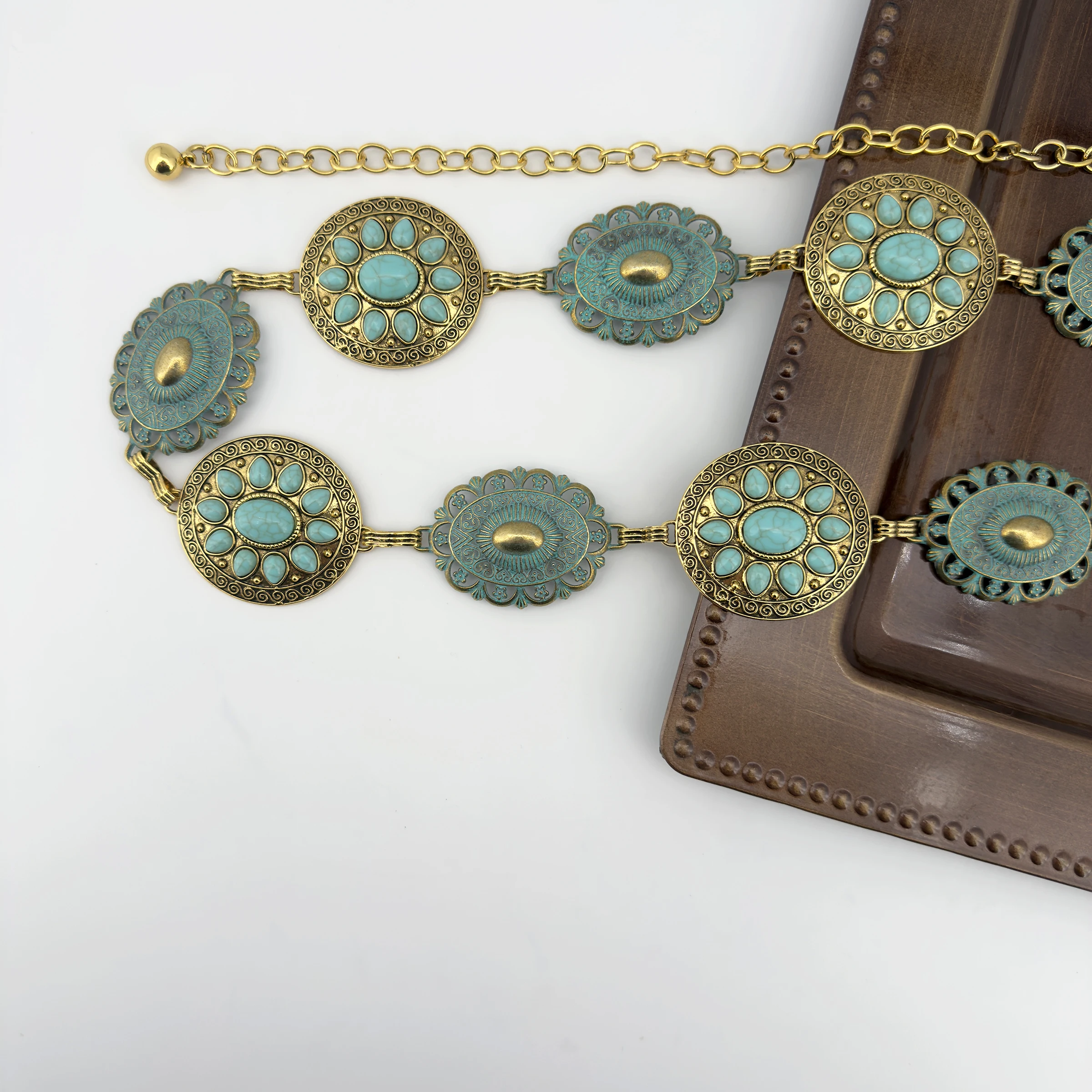 سلسلة خصر فيروزية للمجوهرات عبر الحدود للنساء؛ حزام عتيق من سبائك الزنك على الطراز البوهيمي العصري؛ متعدد الاستخدامات وأنيق
