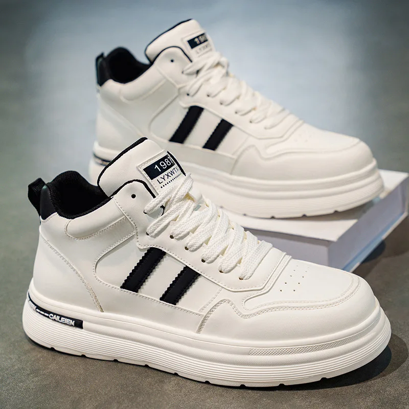 秋の厚底通気性ハイカットメンズカジュアルシューズホワイト身長アップ快適ブーツ耐摩耗性ボードシューズ