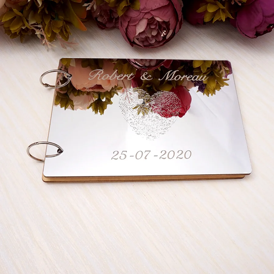 

Personalized A5/A4 Fingerprint Design Acrylic Mirror Cover Wedding Guestbook Loose-leaf book Custom Newlyweds Names Wedding Date