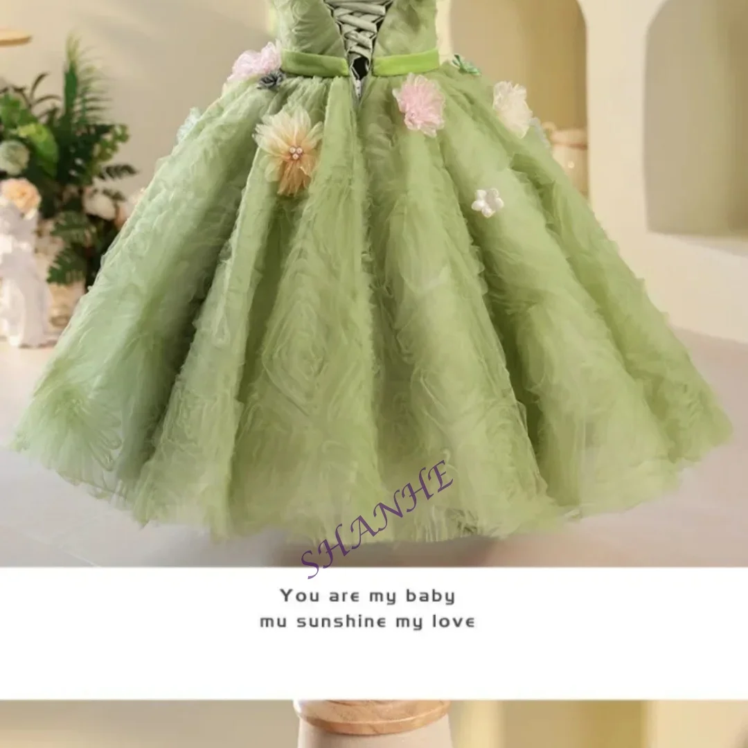 

Green Floral Princess Dress for Kids Elegant Summer Birthday Party Dresses Girls Flower Vestidos Costumes Childrens Formal Gown