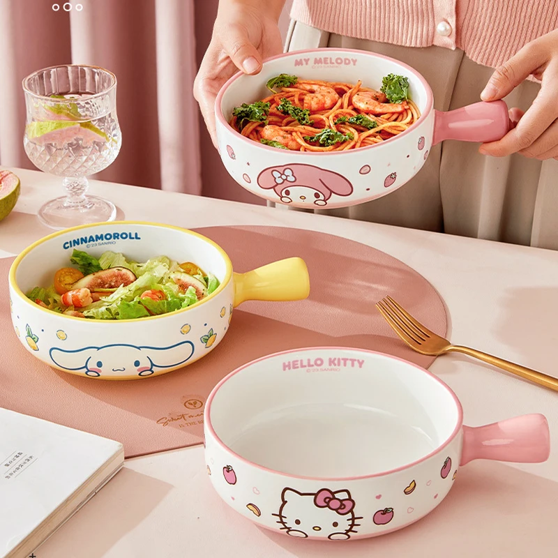 

Sanrio Kawaii Hello Kitty Ceramic Handle Bowl Cinnamoroll My Melody Anime Cartoon Exquisite Household Dormitory Salad Rice Bowl