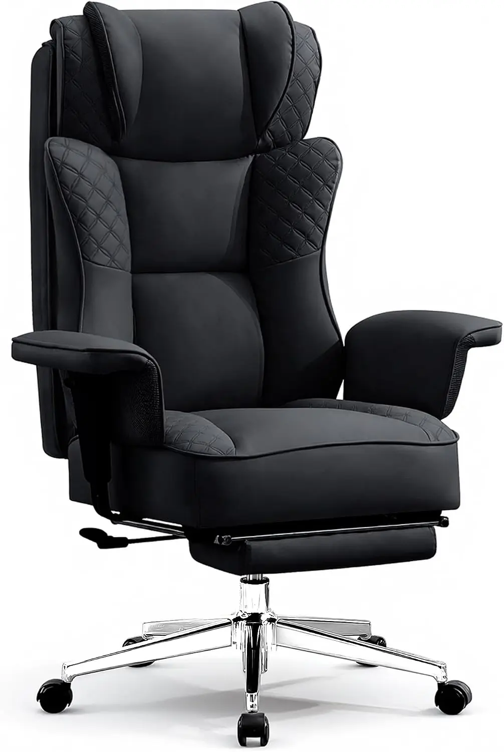 Big and Tall Office Chair, Ergonomic Leather Reclining Chair with Footrest, High-Back Comfy Executive Computer Desk Chairs with