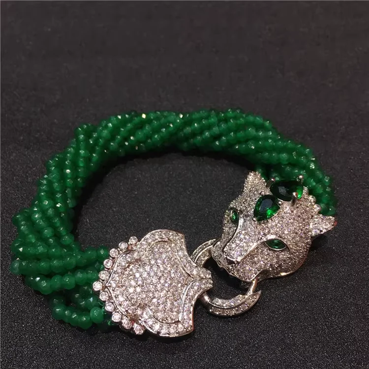 

Handmade leopard head zircon clasp green agate 10-rows bracele