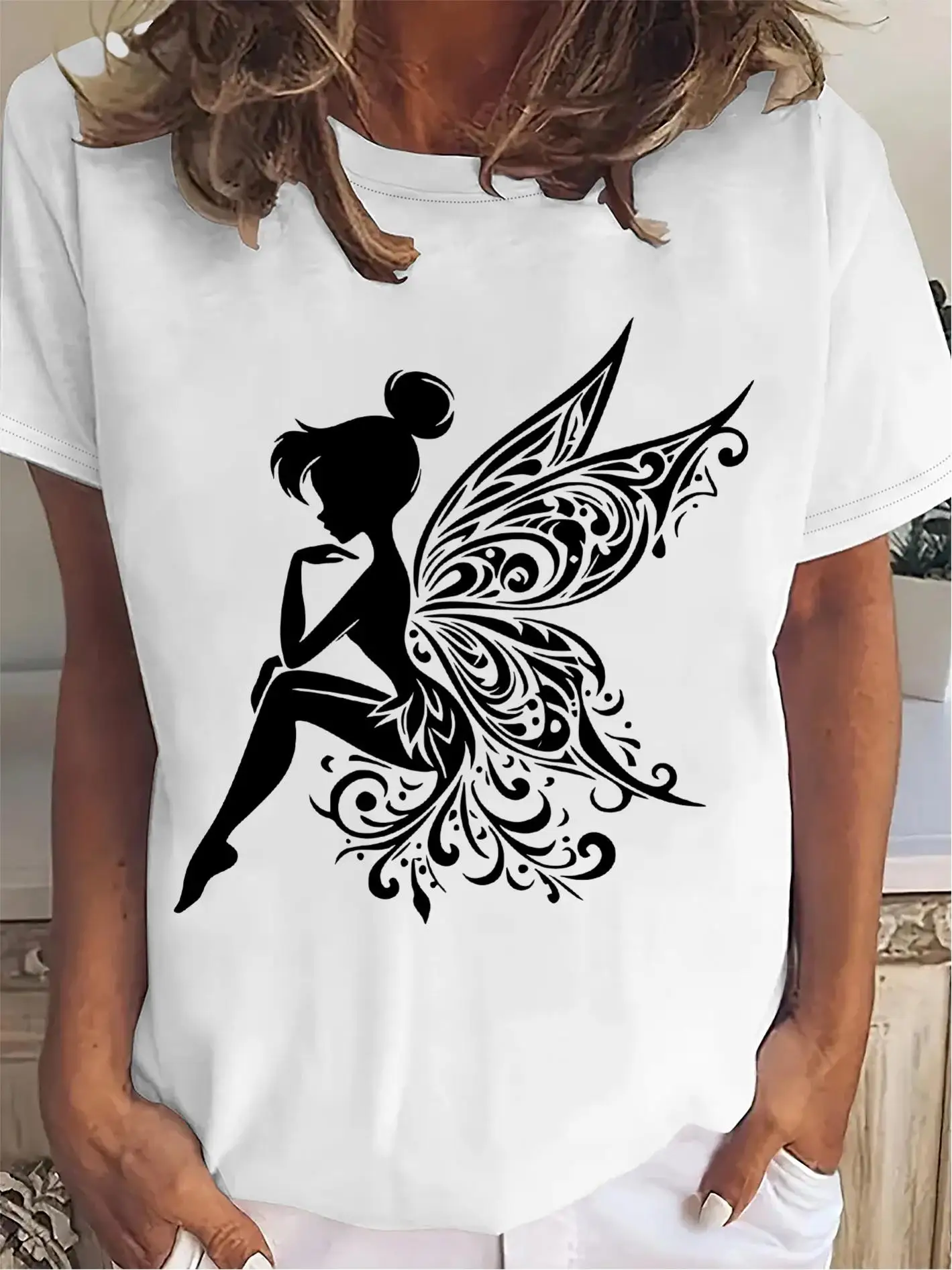 Men's Black & White Fairy Floral Print T-Shirt - Short Sleeve Round Neck Blouse Suitable for All Seasons, Breathable Machine Washable Top, Casual Casual Attire Shirt with Fairy-Themed Clothing, Durable Fabric for Spring Summer Fall
