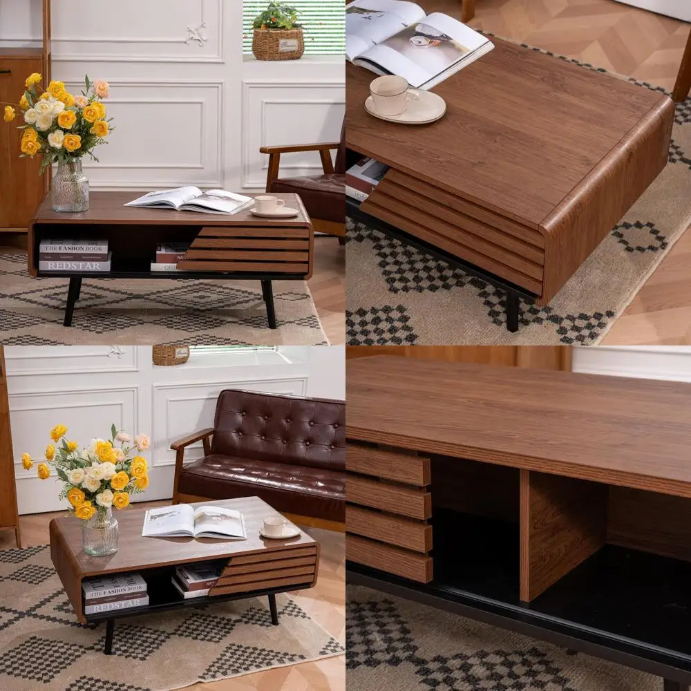 

Contemporary 40 Black & Walnut Coffee Table with Storage and Sliding Door for Living Spaces