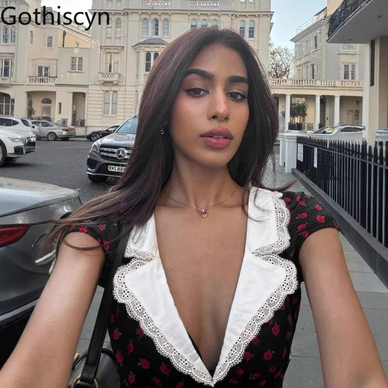 Gothiscyn フレンチターンダウンカラーローズプリントドレス女性の夏のエレガントなハイウエスト A ラインショートドレス女性服