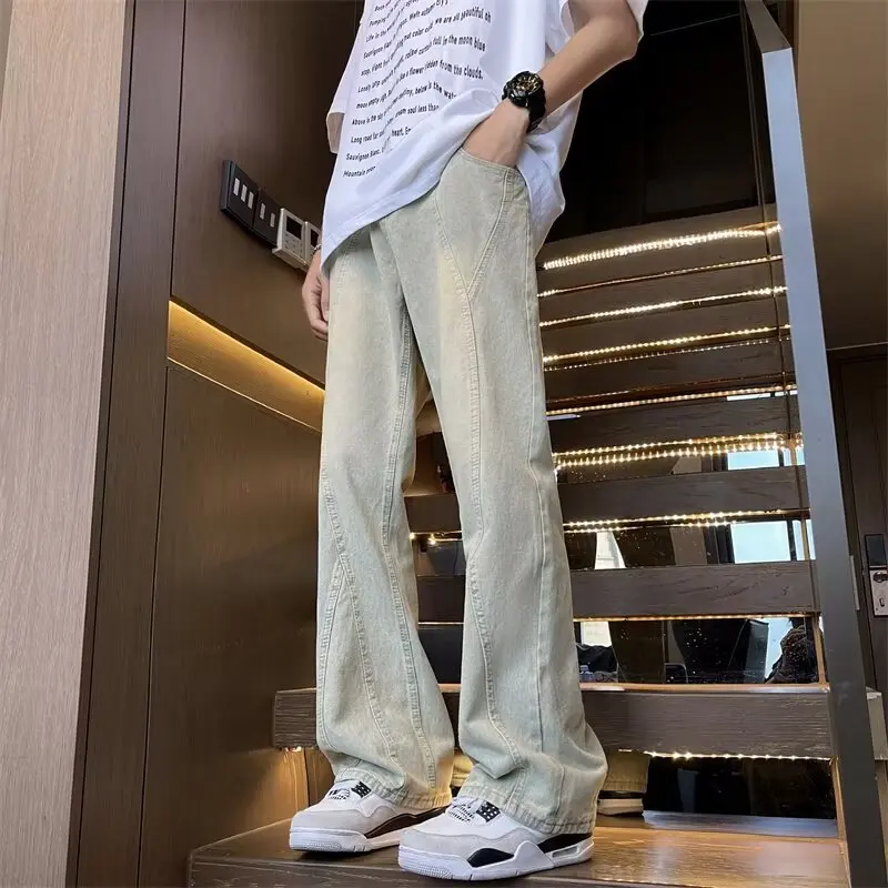 

Retro American Waed Mud Jeans Men's Trendy Loose Straight Leg Pants Design Sense Splicing Long Trousers mid Waist Zipper