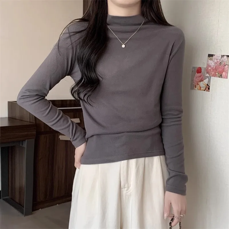 

Женская базовая рубашка, осенне-зимняя толстая бархатная рубашка, полувысокий воротник, облегающая женская футболка с длинными рукавами.