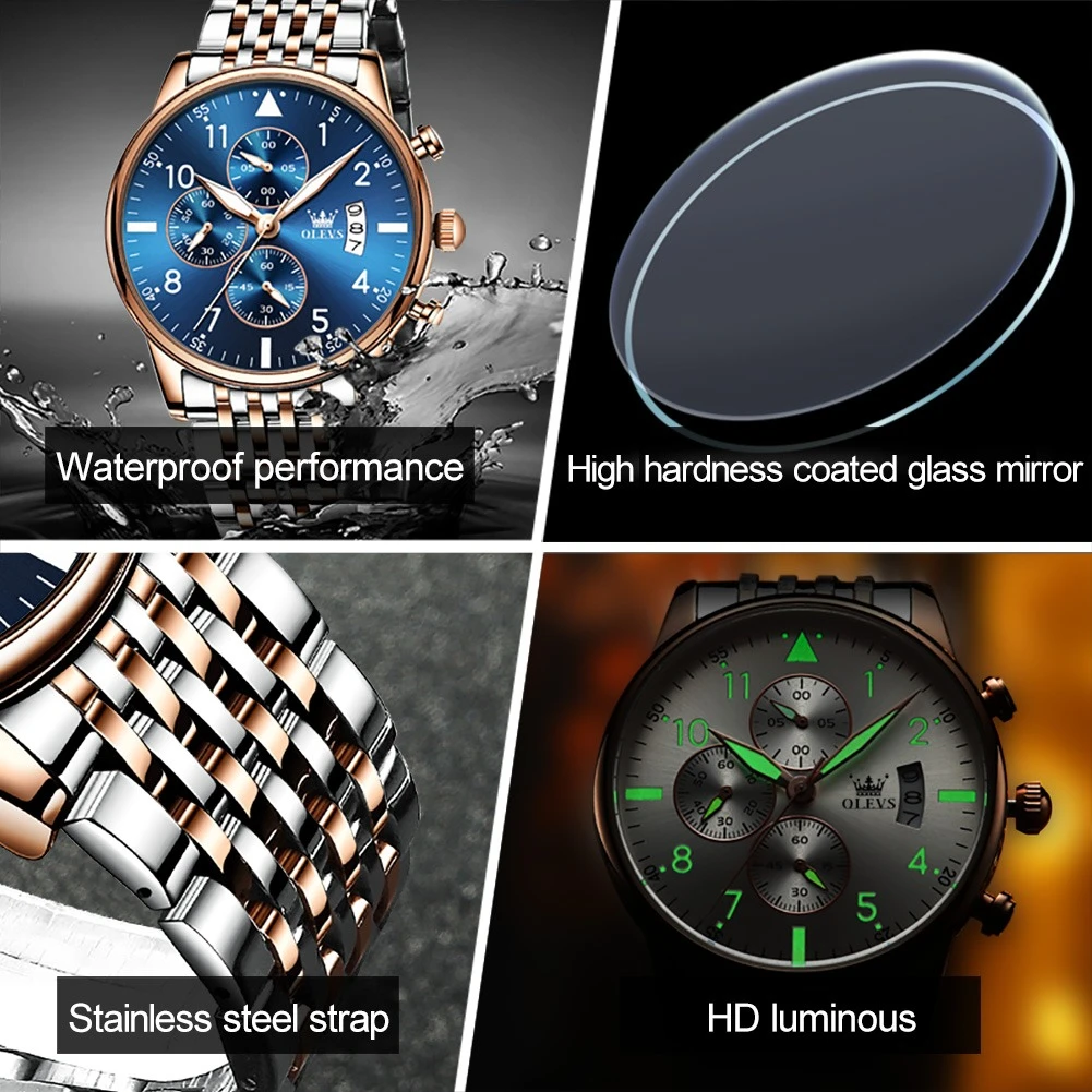 OLEVS 2869 montre de mode à Quartz cadeau bracelet en acier inoxydable cadran rond montre-bracelet chronographe calendrier lumineux petite seconde