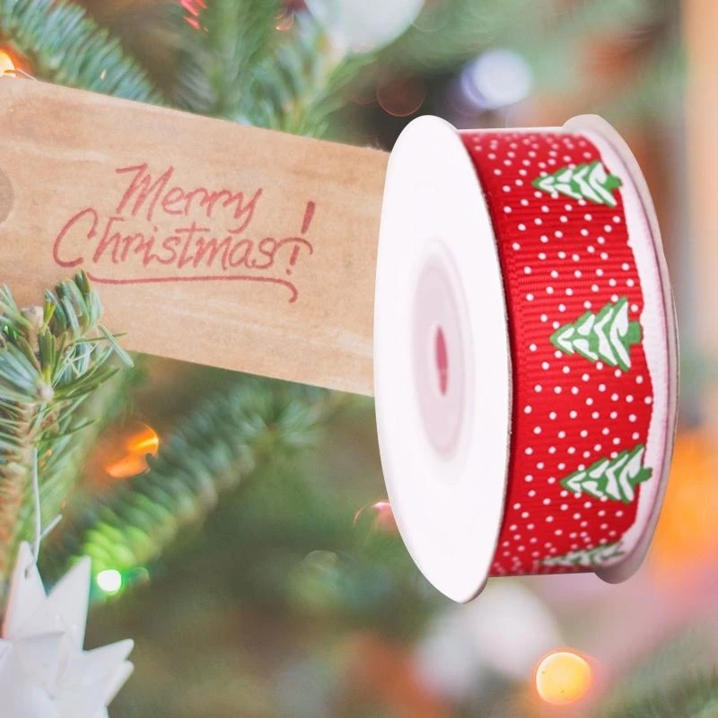 

R1WE 10 Rolls 10 Yards 20mm Christmas Tree Snowflake Printing Red Grosgrain Ribbon for DIY Crafts Gift Wrapping Xmas Festival