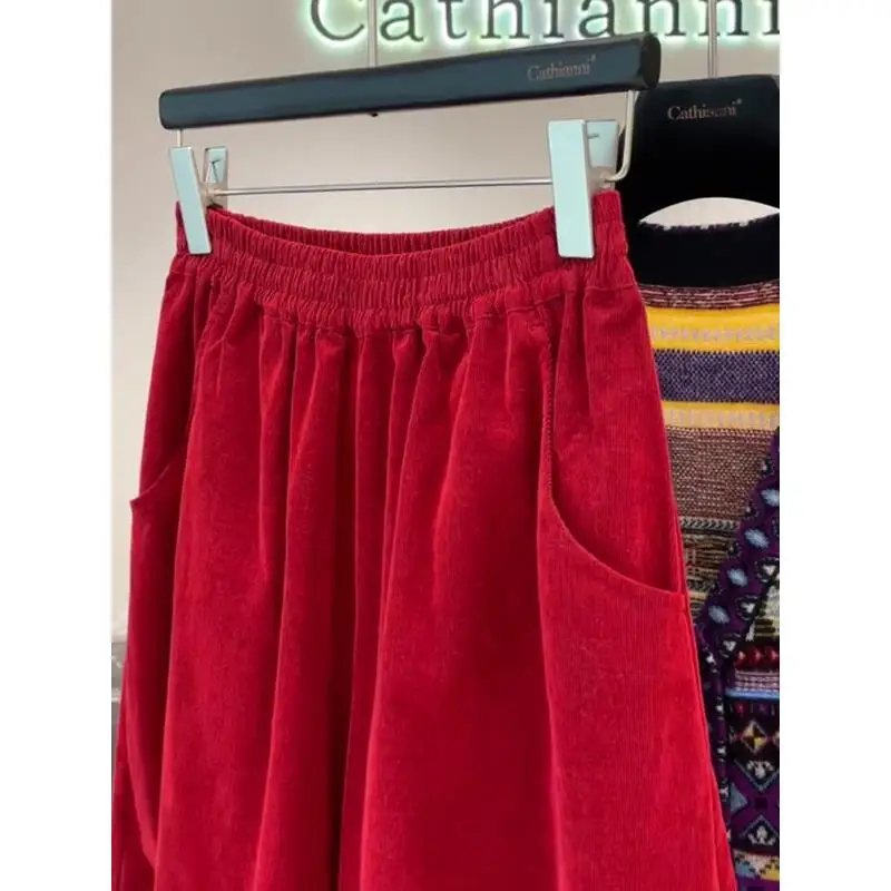 Red Corduroy Wide Leg Pants Women's 2025 Autumn Popular New High Waist Skinny Elastic Waist Fashion Casual Pants