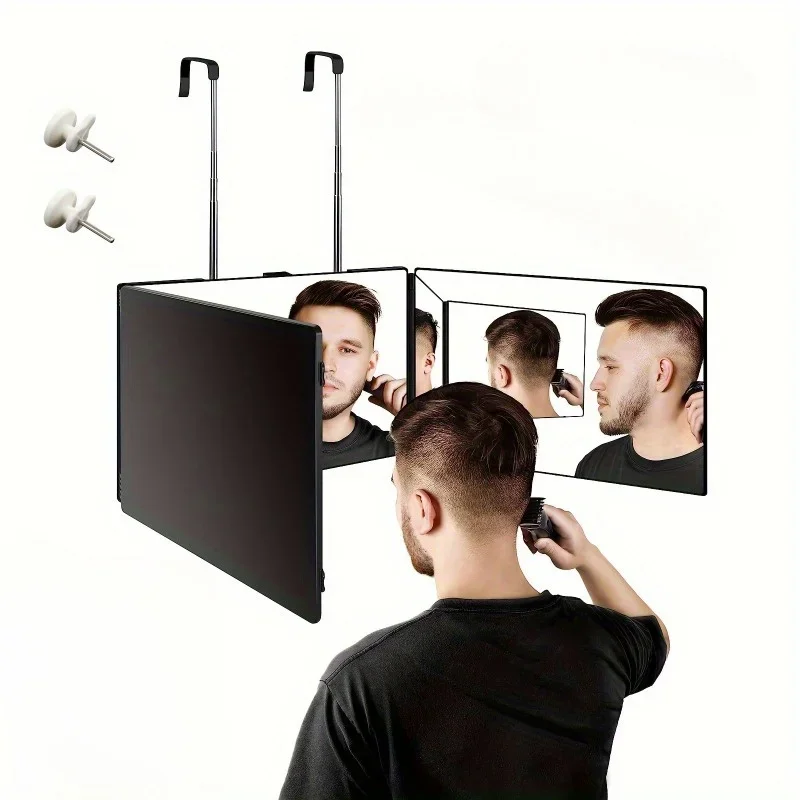 

Adjustable Bracket Hanging Selfie 1pc Three-Fold Retractable Mirror for Makeup, Barber Mirror with Three-Side Folding.