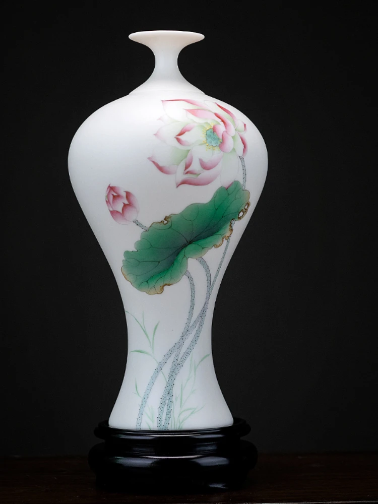 

Yangzhi Jade Ceramic Hand Painted Lotus Rhyme Beauty Vase, Flower Vase, Chinese Style Living Room, Study Decoration, Flower Arra