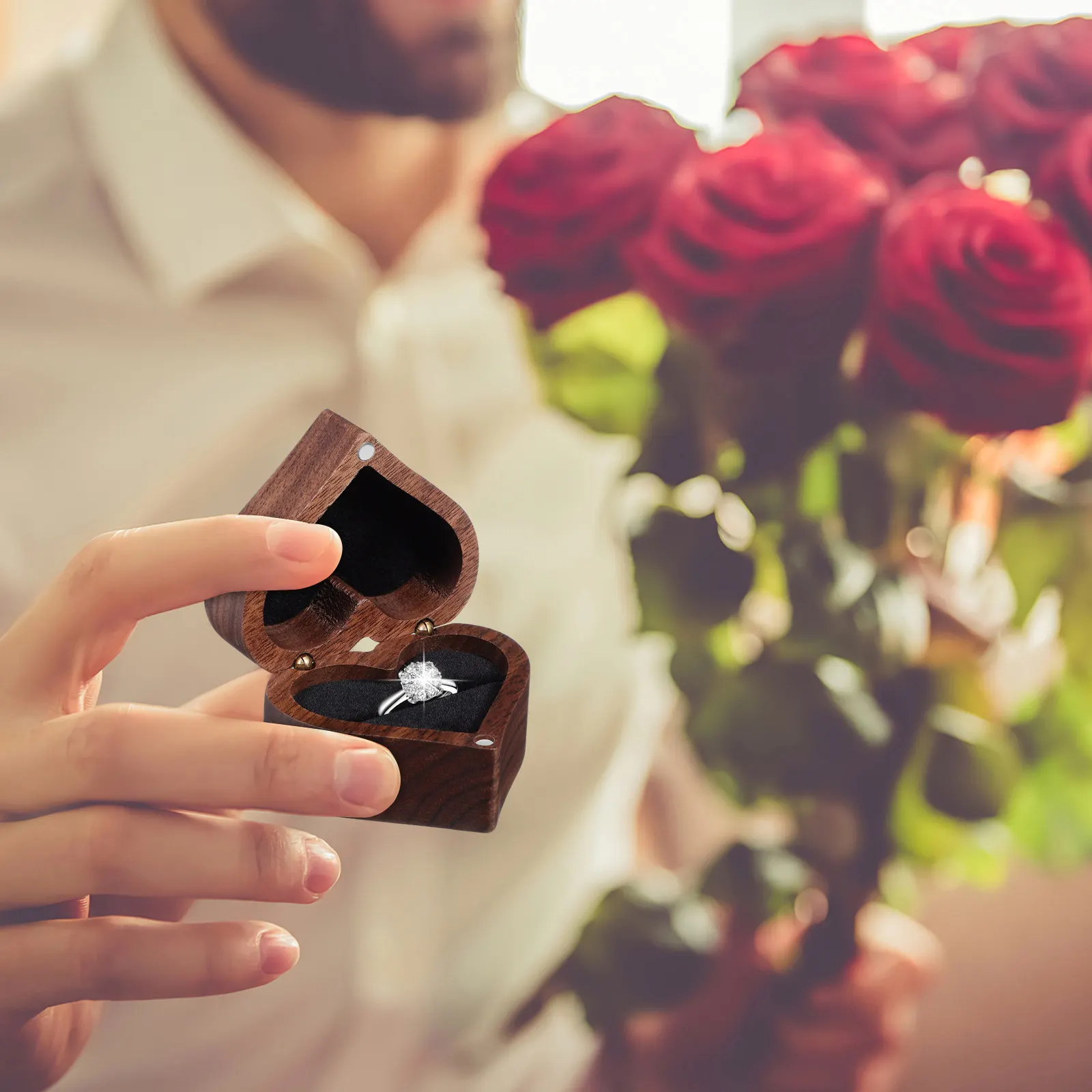 

Wooden Ring Box Heart Shape Natural Rustic Texture Exquisite Craftsmanship Soft Lining Ring Holder for Engagement Wedding