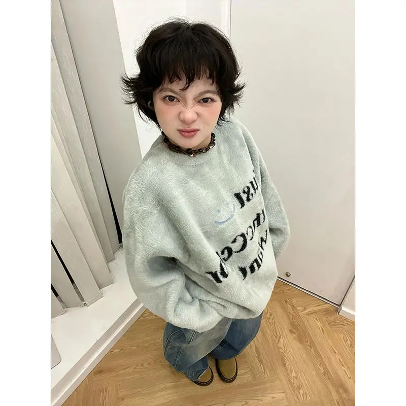 American Ins Retro Lazy Street Knitted Sweater Jacket Female Student Medium Length Letter Jacquard Round Neck Long Sleeved Top