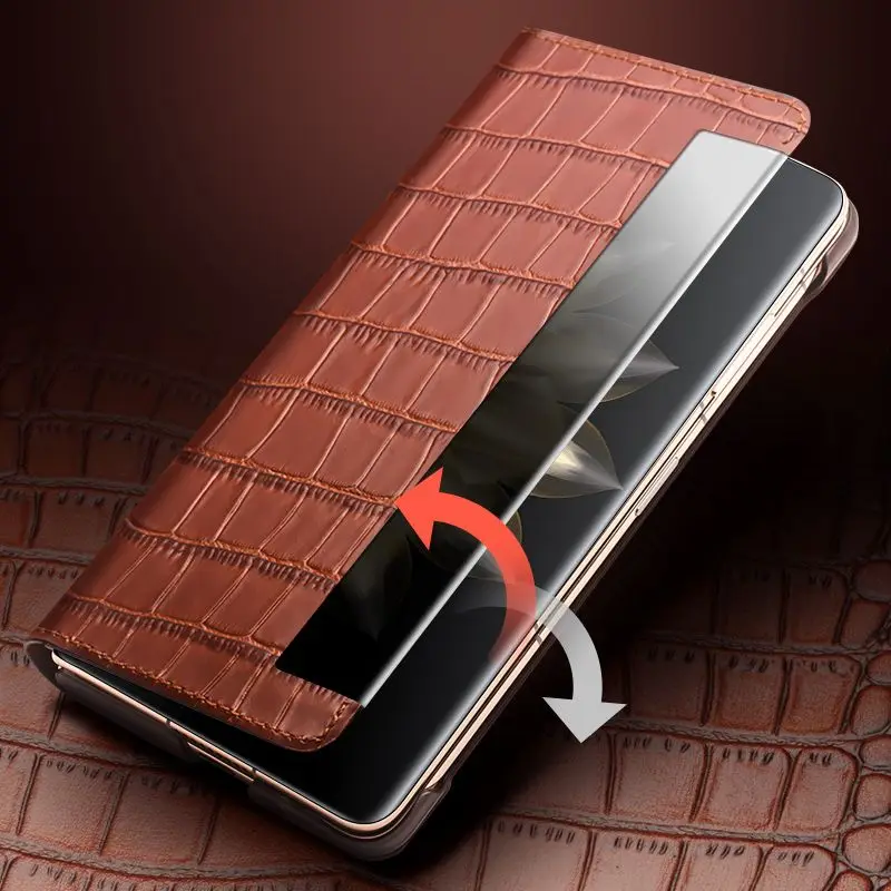 Genuine Cowhide Leather Flip Slim Case for Honor Magic V2 MagicV2 Crocodile Pattern Holder Smart Window View Folio Cover