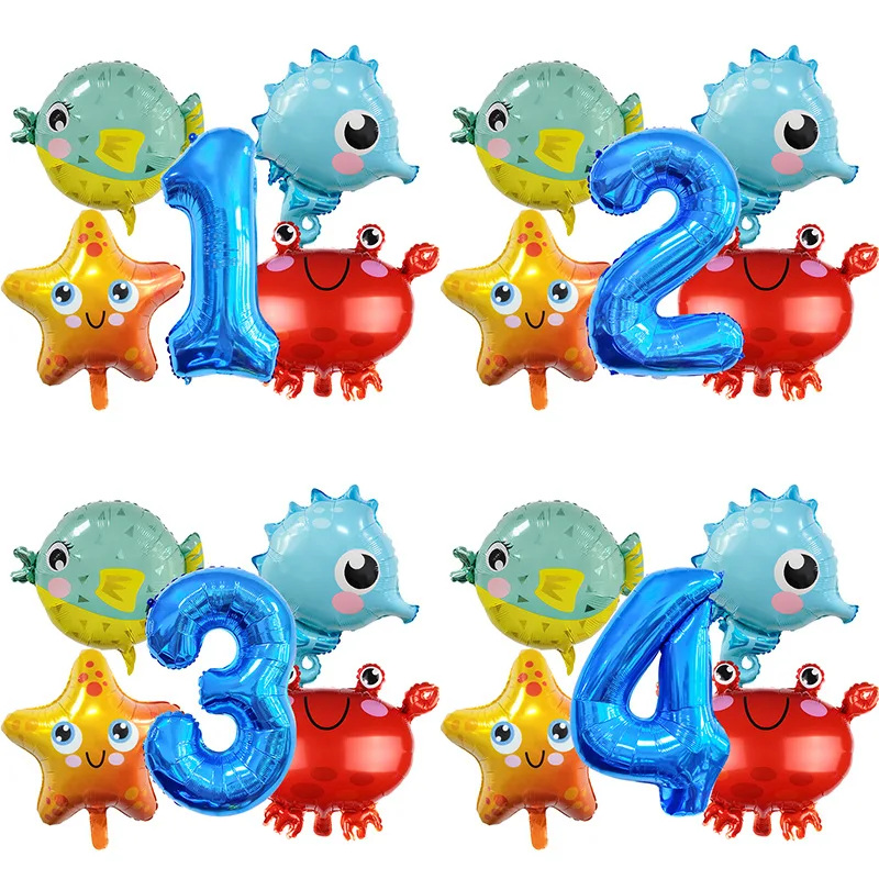 5 Stück Cartoon-Tier-Luftballons mit Ozeanmotiv, 81,3 cm, blaue Zahl, Geburtstagsballon-Set, festliche Party-Dekoration, Geburtstagszubehör