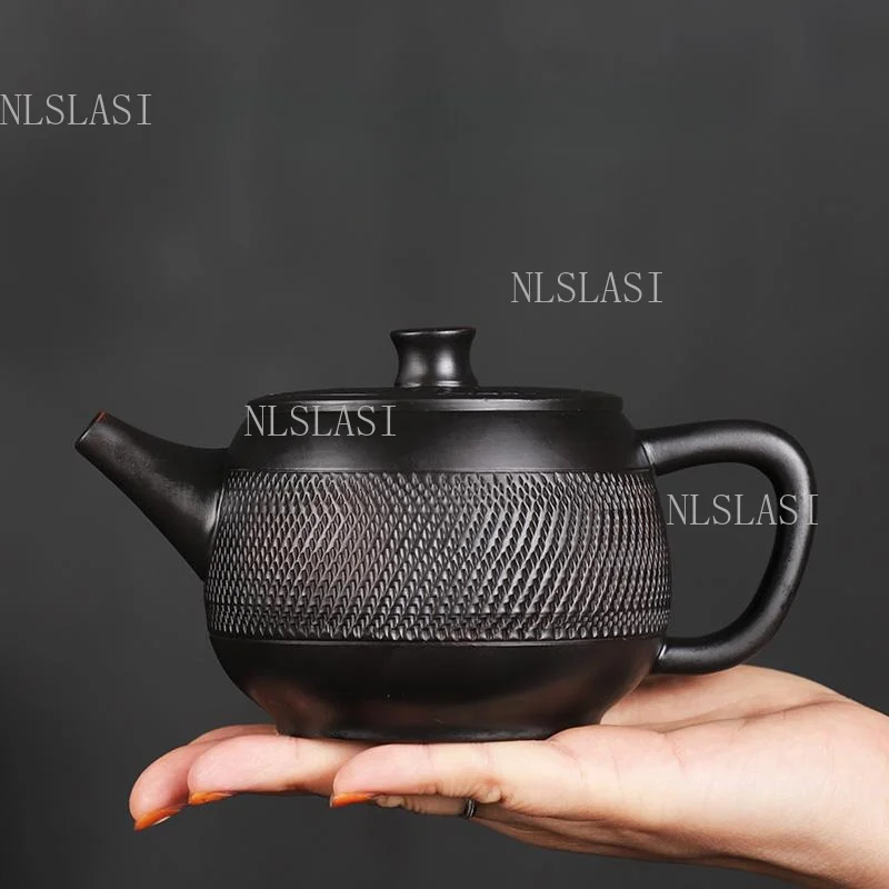 350ml Purple Pottery Han Tile Pot Chinese Fengming Teapot Household Large Capacity Teapot Kungfu Tea Set Carving Pattern