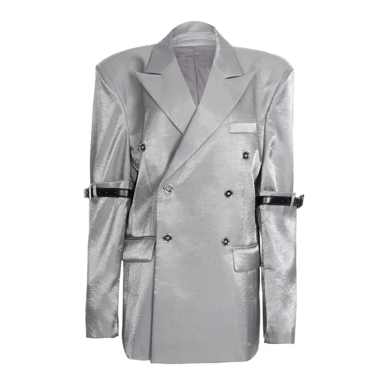 Belt Women Baseball Coat Peak Lapels Double-Breasted Tops Glamorous Silvery Large Collar Pocket Long Sleeve Coat Newest In Stock