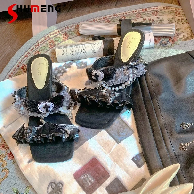 

Lace-up Leather Black Square Toe Bow Sandals With Pearl Chain Beautiful Fashion Women's Shoes Japanese Lolita Elegant High Heels