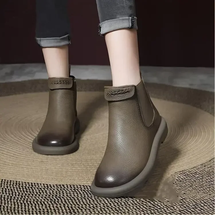 Retro Genuine Cow Leather Chelsea Boots for Women Shoes Elastic Band Ankle Boot Casual Chic Platform Non-slip Winter Short Boot