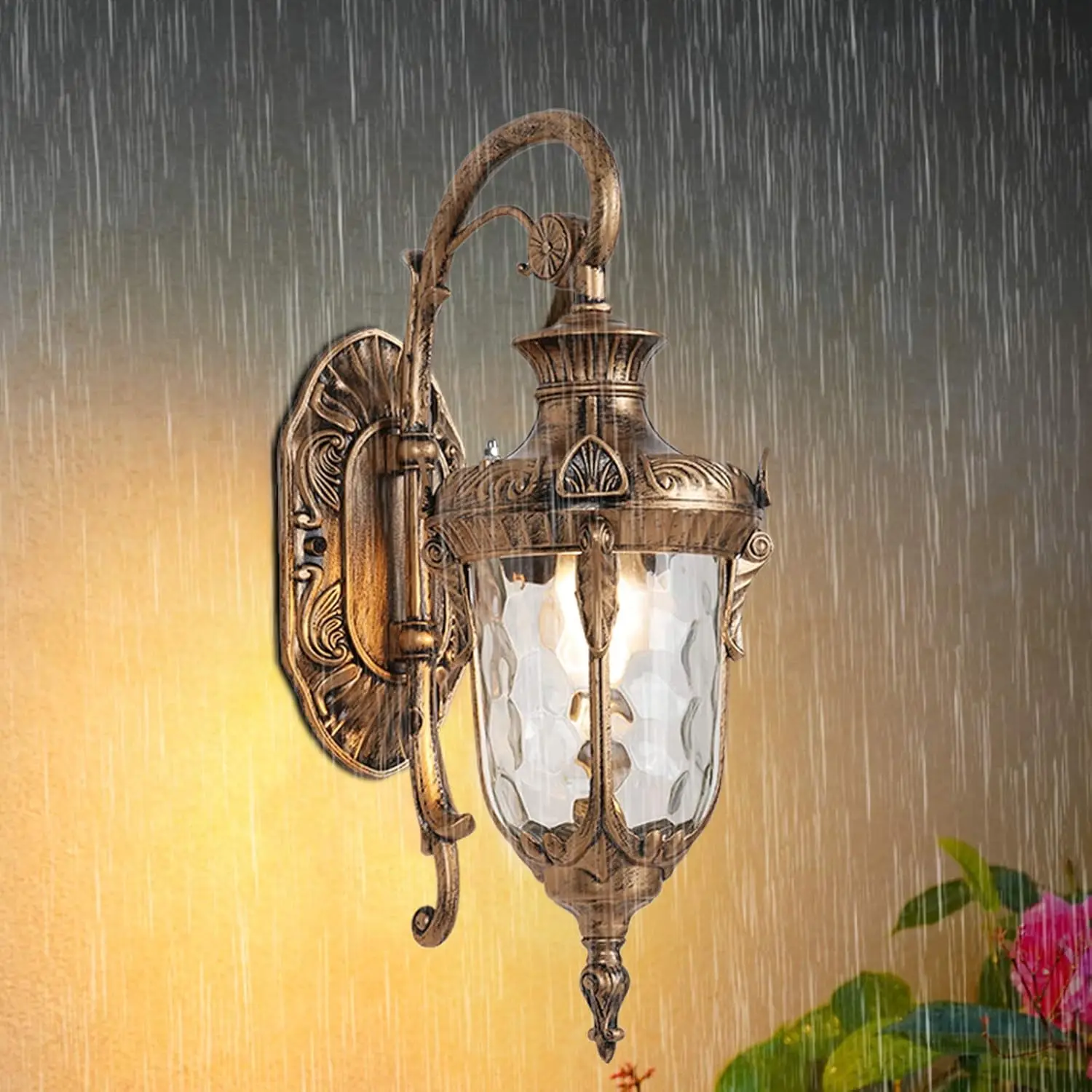 Antique Vintage Exterior Waterproof Wall Lantern Lamp Outdoor Wall Light Fixtures Porch Lights Fixtures with Hammered Glass Shad