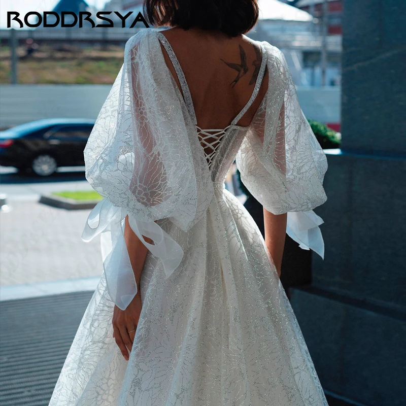 RODDRSYA Puff Mangas Querida Tule Vestido De Noiva Sparkly Glitter Branco Princesa Vestidos De Novia Sexy Brilhante Longo A-line Puff Mangas Querida Tule Vestido De Noiva Sparkly Glitter Branco Princesa Vestidos De Nov