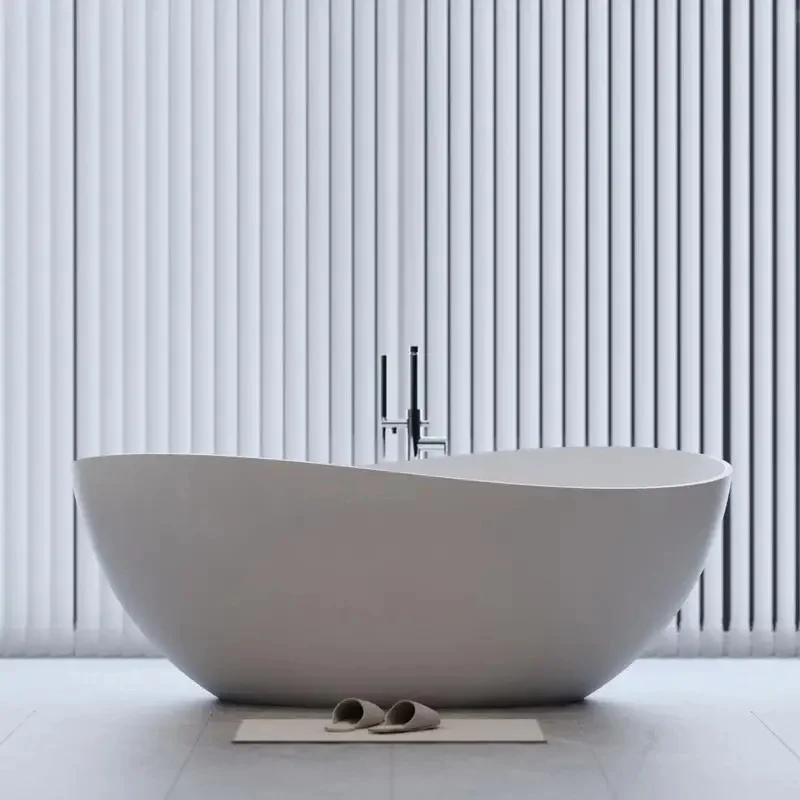 Freestanding monolithic quartz stone bathtub, modern luxury engineered stone resin bathtub, overflow pop-up drain faucet