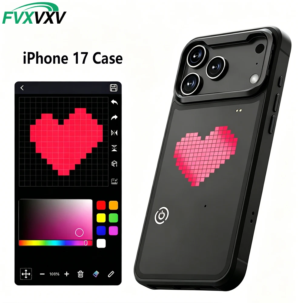 1PCS DIY LED Pixel Case for iPhone 17/17 Pro/Max, Custom Text/Pattern Animation, Shockproof Stand Cover, Rechargeable 300mAh