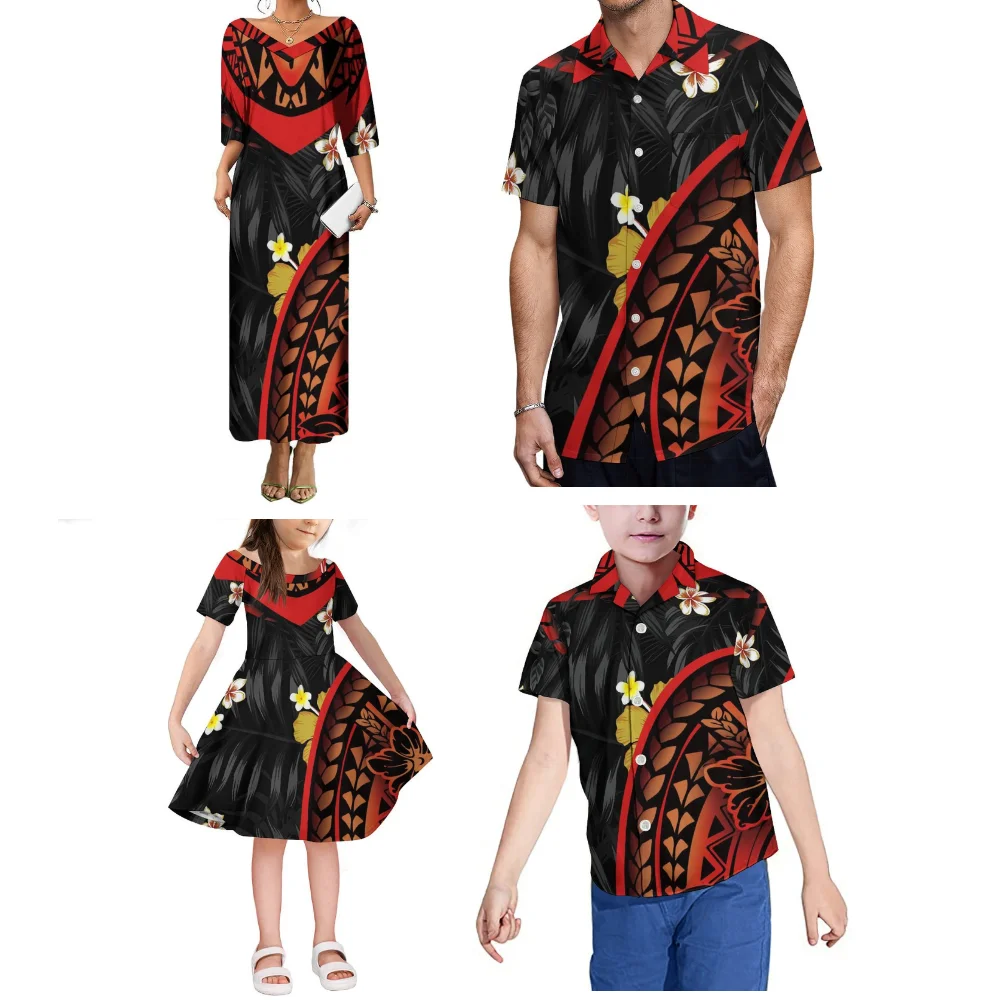 Abbigliamento estivo su misura Set da festa in famiglia con stampa polinesiana, abito genitore-figlio, camicia e top, set di quattro pezzi