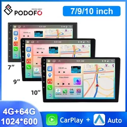 Podofo 7/9/10.1 Inch Car Radio 4+64G Multimedia Player Wireless Carplay Android Auto AI Voice WIFI GPS Navigation DSP Car Audio