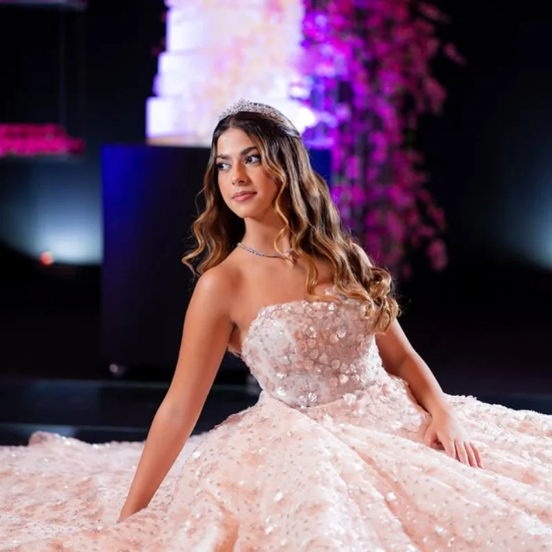 

Блестящее светло-розовое платье Quinceanera с открытыми плечами и блестками, цветочная наклейка, тюлевые платья de 15, Quinceanera ﻿ Индивидуальный
