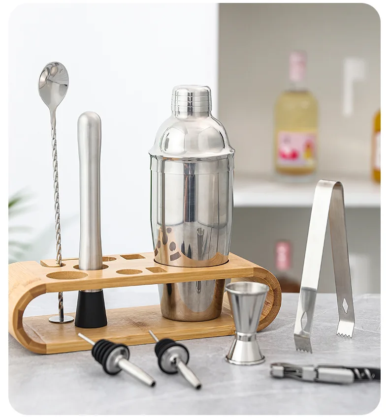 

Stainless Steel Cocktail Shaker Set Bartender Tools Set With Bamboo Rack