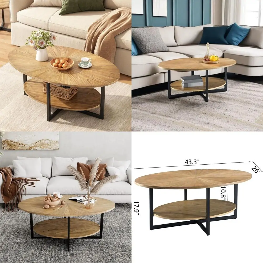 

Modern Industrial Style Oval Coffee Table with Metal Cross Legs and Open Shelf, 43.3 inches