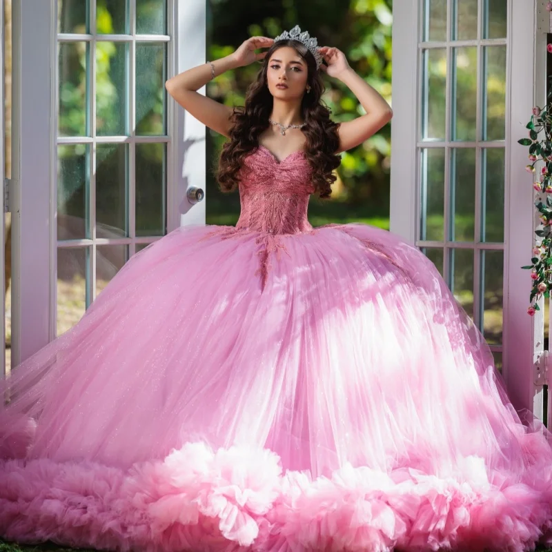 

Shiny Pink Quinceanera Dresses Off the Shoulder Glitter Lace Ruffles Decal Long tail Vestido De 15 Quinceanera Customize
