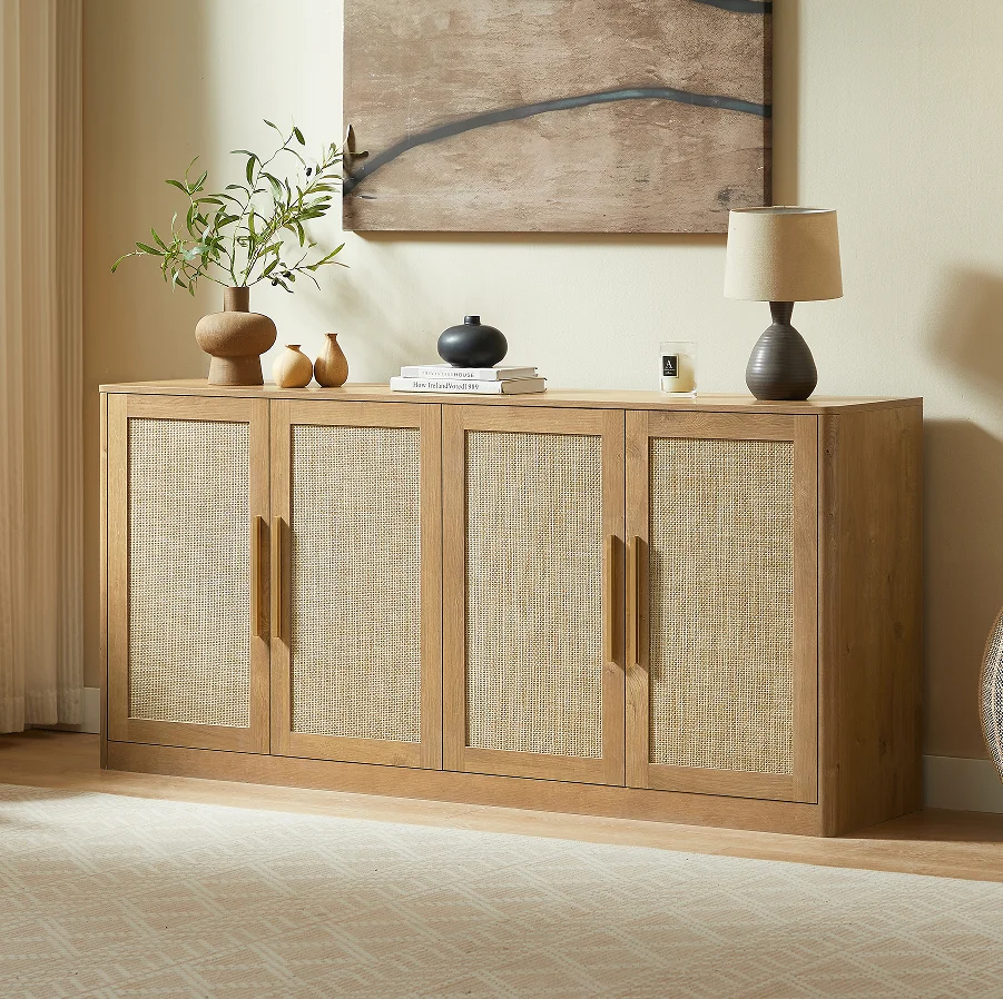 #Modern Rattan 4-Door Buffet Cabinet Large Sideboard & Credenza For Living Room Dining Hotel Use