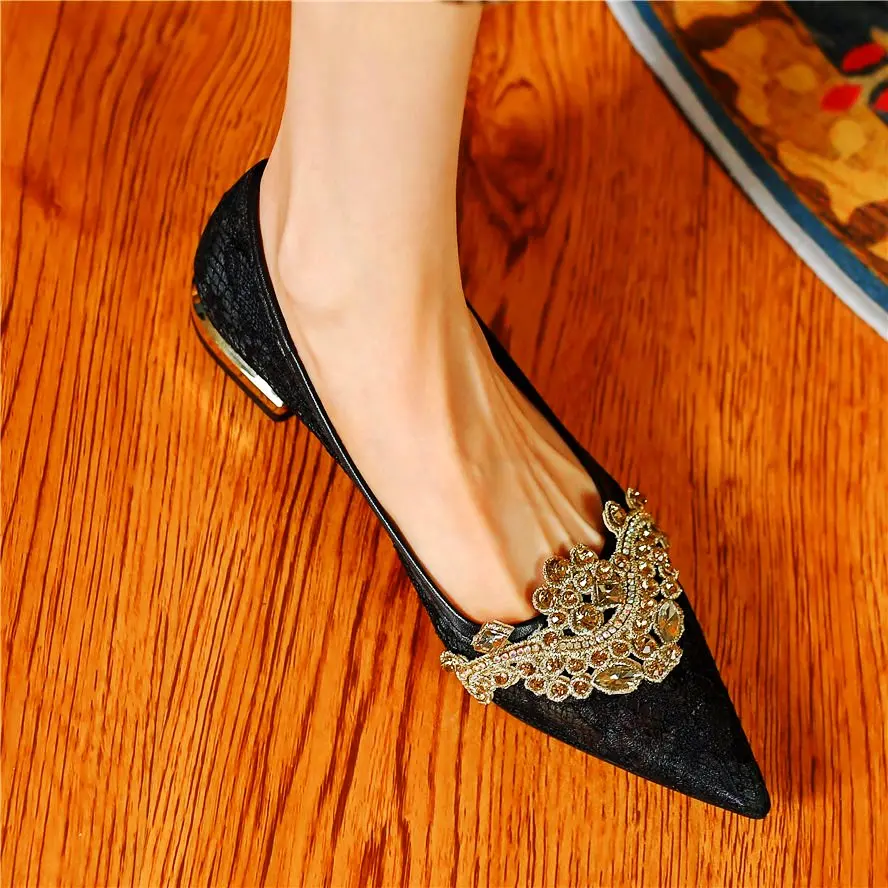 

Elegant Party Loafer Women Rhinestone Pointed Toe Flat Heel Oxfords Slide on Sandals Wedding Evening Shoe Lace Ballets Comfort