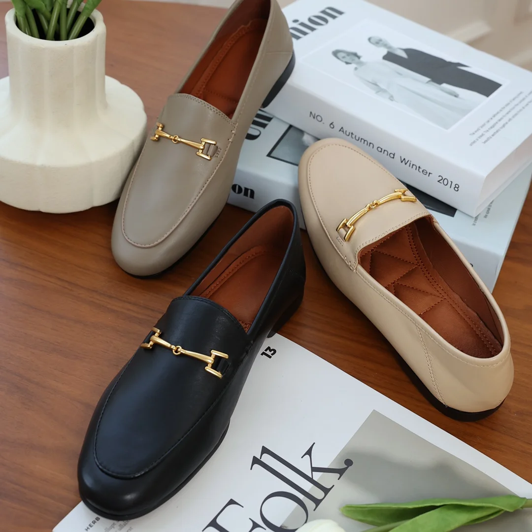 2023 Early Spring New Classic Metal Buckle Mixed sheepskin Loafers Women Shoes